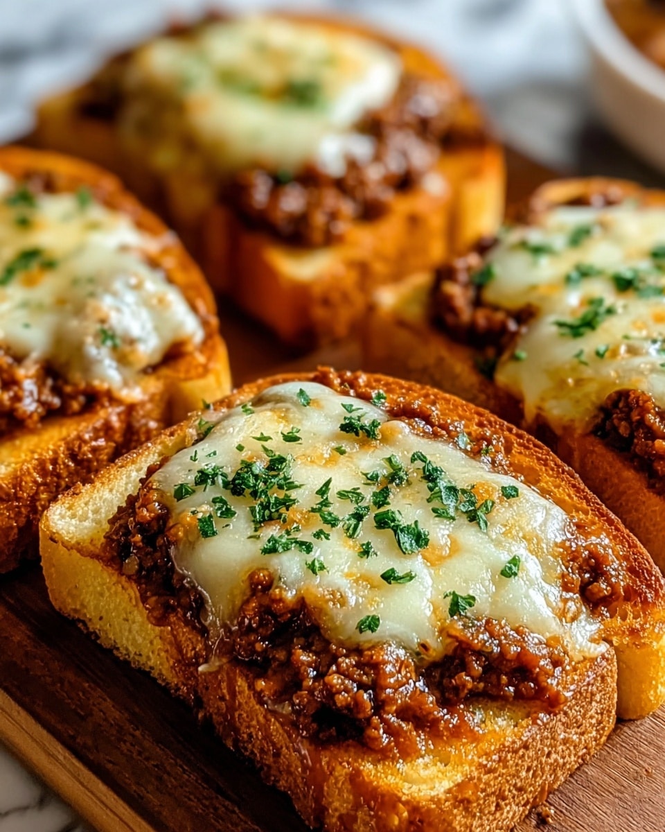 The image shows several slices of toasted thick bread as the base layer, golden and crispy on the edges. On top of each slice, there is a thick layer of brown ground meat sauce with a rich texture, slightly spilling over the sides. The top layer is melted cheese, creamy white with golden brown spots, smooth and glossy, covering most of the meat. Each slice is garnished with finely chopped green herbs unevenly spread over the cheese. The toasts are placed close together on a wooden surface, with a white marbled background softly blurred. photo taken with an iphone --ar 4:5 --v 7