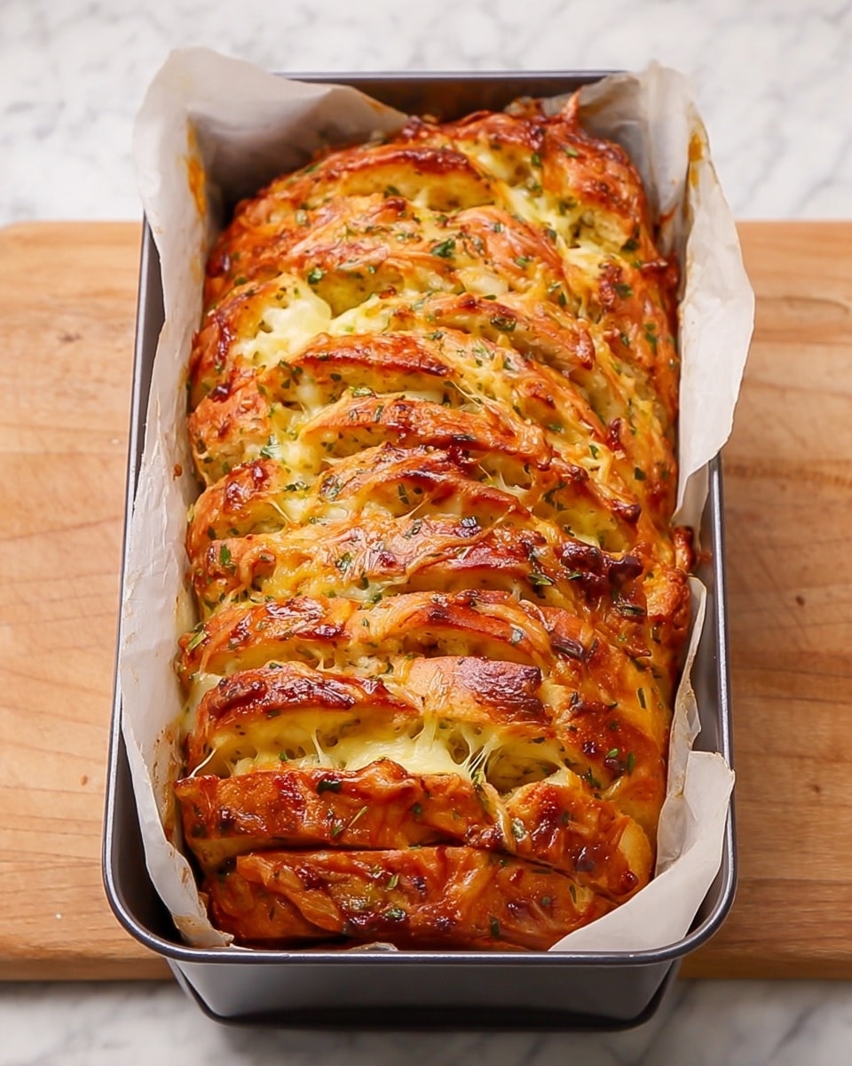 The image shows a rectangular metal loaf pan lined with white parchment paper holding a golden-brown pull-apart bread loaf. The bread has multiple thick layers that ripple vertically, with melted cheese and herbs spread unevenly between each layer. The top of the bread is glossy with a slightly crispy texture, dotted with browned cheese and small green herb bits. The pan is set on a white marbled surface. photo taken with an iphone --ar 4:5 --v 7