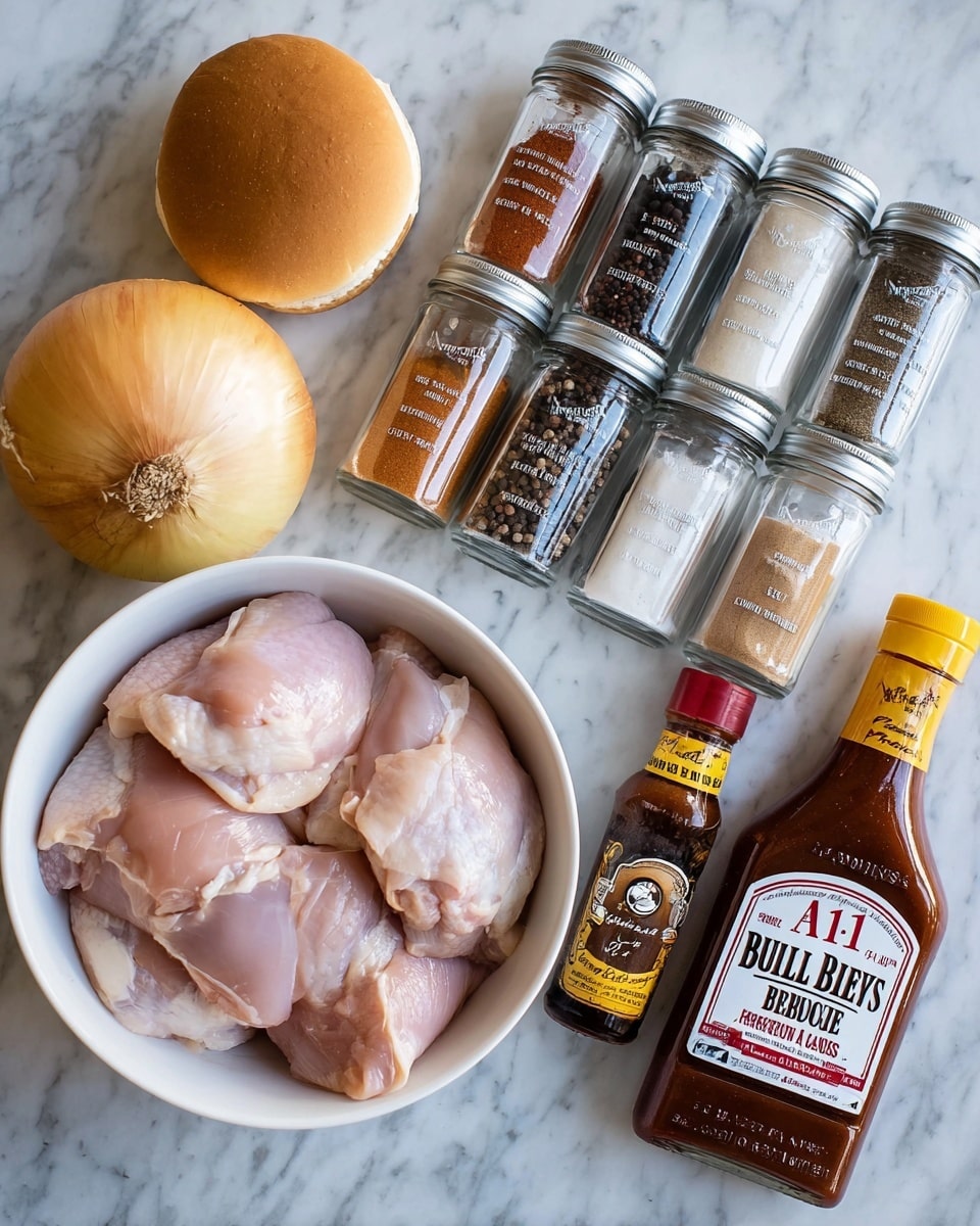 A white bowl filled with raw, smooth, light pink chicken thighs sits on a white marbled surface, surrounded by four soft, brown sandwich buns placed above it. To the left of the bowl is a whole round yellow onion. Above the bowl, four clear glass spice jars with silver lids are lined up, each filled with spices in different shades: white garlic powder, dark brown chili powder, reddish smoked paprika, and reddish cayenne pepper. On the right side next to the spices, there's a clear pepper grinder with black peppercorns inside, and below it, two sauce bottles—one with a mostly dark brown BBQ sauce labeled