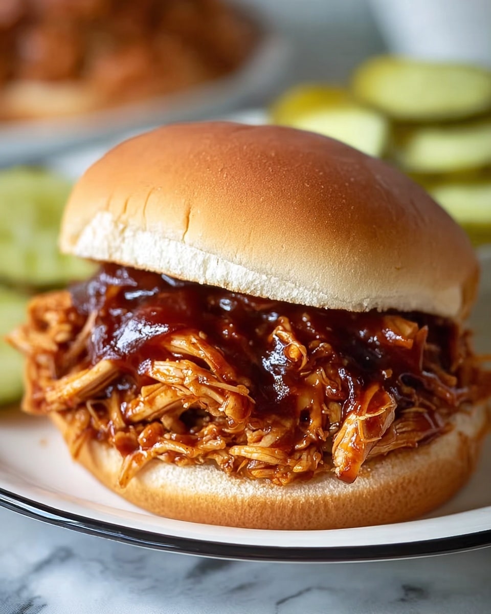 A close-up of a pulled chicken sandwich on a soft, light brown bun with a smooth top. The sandwich has one main thick layer of shredded chicken covered in shiny, dark reddish-brown barbecue sauce that looks sticky and rich. The sandwich is placed on a white plate with a thin black line around the edge. In the blurred background, there are slices of green pickles on a white marbled surface. Photo taken with an iphone --ar 4:5 --v 7