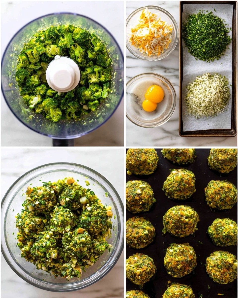 The first image shows finely chopped green broccoli inside a clear food processor with a white blade in the center, on a white marbled surface. The second image is a clear bowl containing seven different ingredients placed in separate piles: bright green chopped broccoli, shredded light orange cheese, a whole yellow egg yolk, chopped white onion, light beige breadcrumbs, dark green herbs, and some dark seasonings, all set on a white marbled surface. The third image shows a clear bowl with all the ingredients mixed together in a chunky, green mixture with bits of cheese and vegetables visible, sitting on a white marbled surface. The fourth image presents the mixture shaped into 16 green balls, neatly arranged in a 4x4 grid on a parchment-lined baking tray over a white marbled background. The fifth image shows the same balls after baking, now golden and browned on the outside, arranged in the same grid on parchment paper. The last image is a close-up of several cooked green and golden balls piled together on a black surface with a white marbled background, showing a textured, slightly crispy exterior and small bits of cheese inside photo taken with an iphone --ar 4:5 --v 7