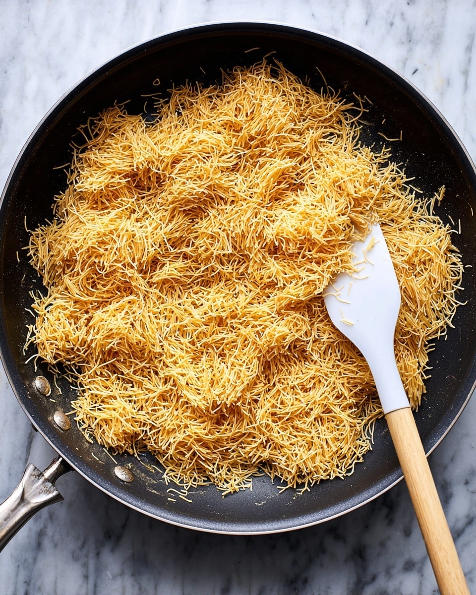A large black frying pan holds a single layer of fine, thin golden-brown toasted noodles with a light and slightly fluffy texture, covering most of the pan's surface evenly. A white spatula with a light wooden handle rests on the right side of the pan, partially buried under the toasted noodles, which are spread thickly and form small mounds in some areas. The pan sits on a white marbled surface with soft gray veins, adding contrast to the warm tones of the noodles. photo taken with an iphone --ar 4:5 --v 7