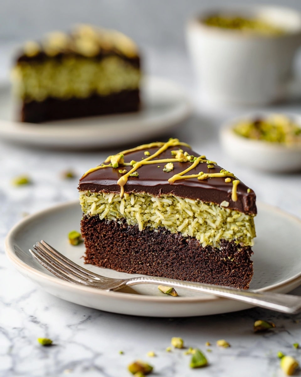 A slice of three-layer cake sits on a white plate with a fork beside it. The bottom layer is dark brown and dense, the middle layer is thick with a light green, shredded texture, and the top layer is smooth, glossy dark chocolate with a yellow-green glaze forming a crisscross pattern. Small green nut pieces are scattered on top and around the plate on a white marbled surface. In the blurred background, another piece of the cake is visible on a white plate. Photo taken with an iphone --ar 4:5 --v 7