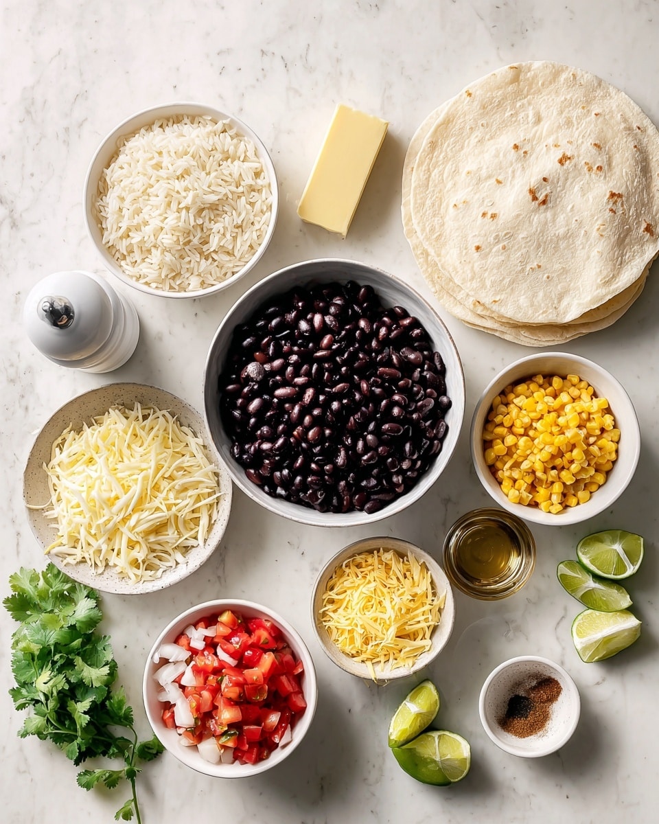 The image shows several small white bowls arranged on a white marbled surface, each holding different ingredients for a meal. In the top left, a bowl is filled with cooked white rice, next to a smaller bowl with a light yellow stick of butter. To the top right, there are three folded white tortillas stacked neatly. In the center, a large bowl holds shiny black beans, surrounded by smaller bowls with bright yellow corn kernels, diced white onions, mixed shredded cheese in pale yellow and white, and finely chopped red tomatoes. A small bowl contains dark brown seasoning powder, and another small glass container holds clear oil. Fresh green cilantro leaves and three lime wedges are placed at the bottom left. A white pepper grinder is on the far left. The whole setup is clean and colorful. photo taken with an iphone --ar 4:5 --v 7