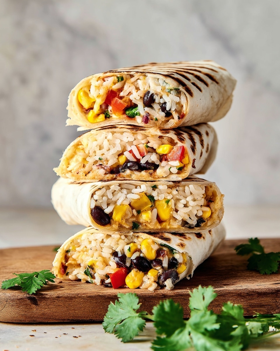 A stack of three burrito halves arranged vertically on a wooden board is shown. Each burrito is wrapped in a slightly charred white tortilla with visible grill marks on the edges. Inside, the layers include fluffy white rice mixed with black beans, bright yellow corn kernels, small pieces of red bell pepper, and some finely chopped green herbs. The burritos are filled generously, showing a mix of colors and textures inside. Fresh green cilantro leaves lie scattered in the foreground. The background is a soft light gray with white marbled texture. Photo taken with an iphone --ar 4:5 --v 7