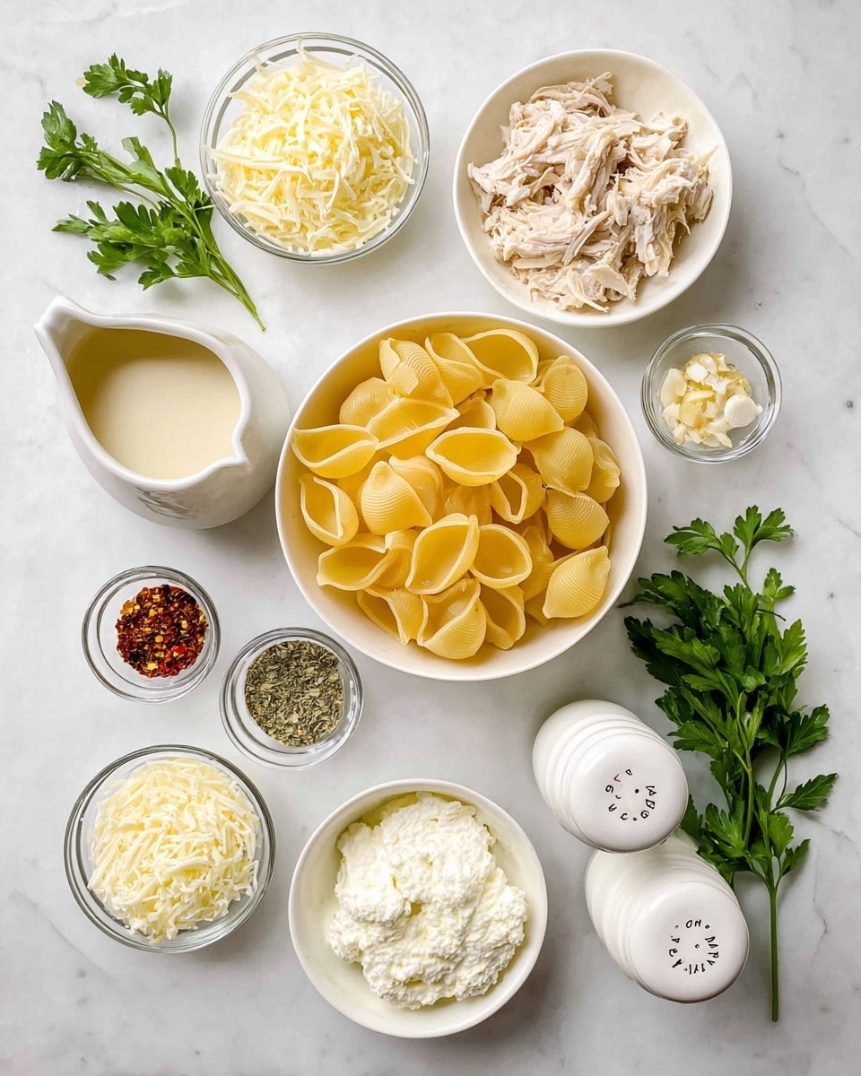 A top view shows a white marble surface with several white bowls and small glass containers arranged neatly. In the center, a white bowl holds large yellow pasta shells. Surrounding it are small white bowls containing shredded pale chicken, creamy white ricotta cheese, grated cheese, and another type of grated cheese. There is a small glass container with crushed red pepper flakes, another with minced garlic, and a small white bowl with dried green herbs. A white ceramic jug holds a creamy liquid, and nearby are white salt and pepper shakers with black lettering. Fresh green parsley sprigs add a touch of color near the edges. photo taken with an iphone --ar 4:5 --v 7
