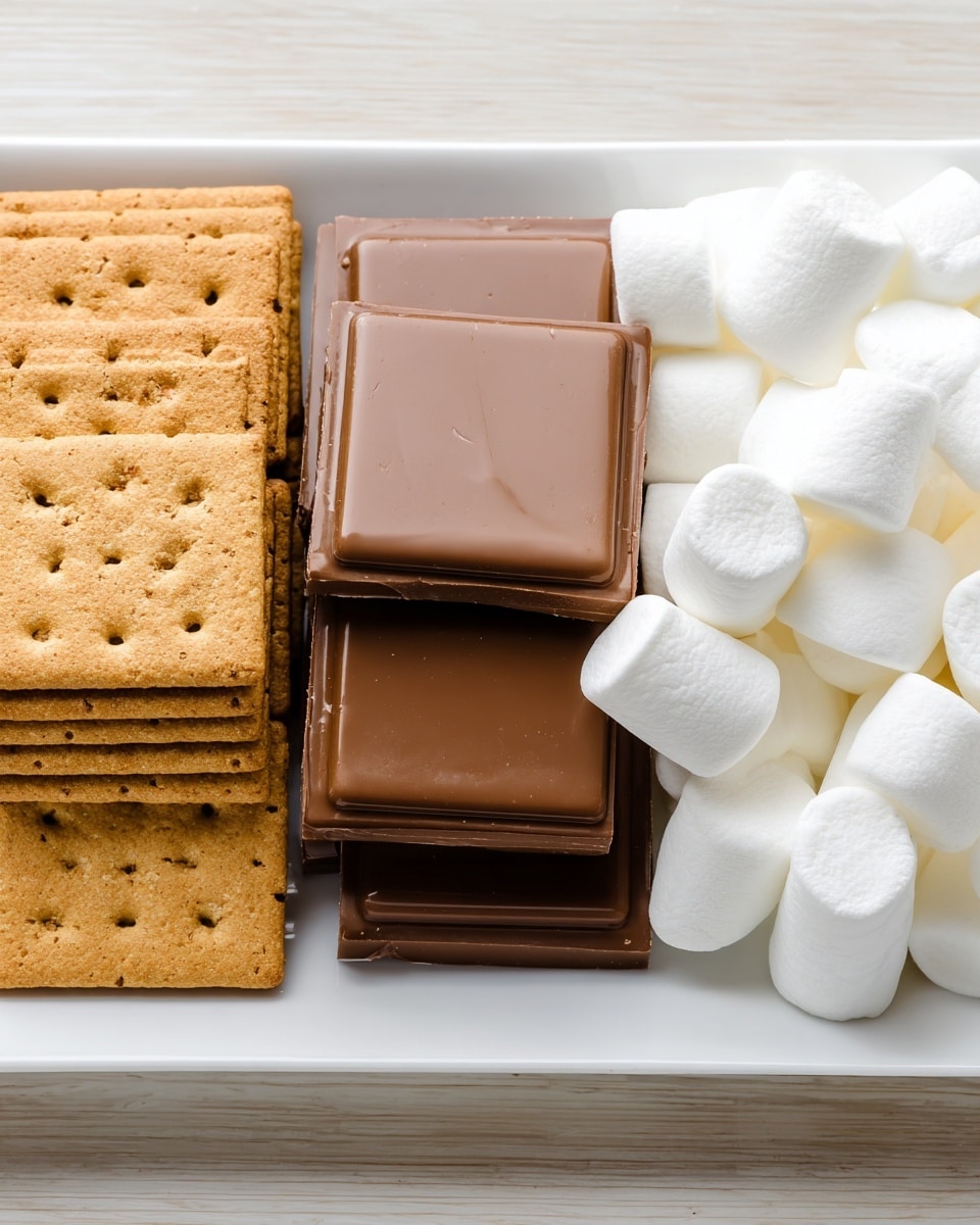 The image shows three layers of ingredients neatly arranged side by side on a white rectangular plate placed on a white marbled surface. On the left side, there are square, golden-brown graham crackers stacked in two rows, each cracker having small holes. In the middle, there are flat, smooth pieces of milk chocolate, darker brown in color, stacked closely together. On the right side, there are large, round, white marshmallows, piled loosely with a soft, fluffy texture. The colors and textures contrast clearly, showing the ingredients used for s'mores or a similar treat. photo taken with an iphone --ar 4:5 --v 7