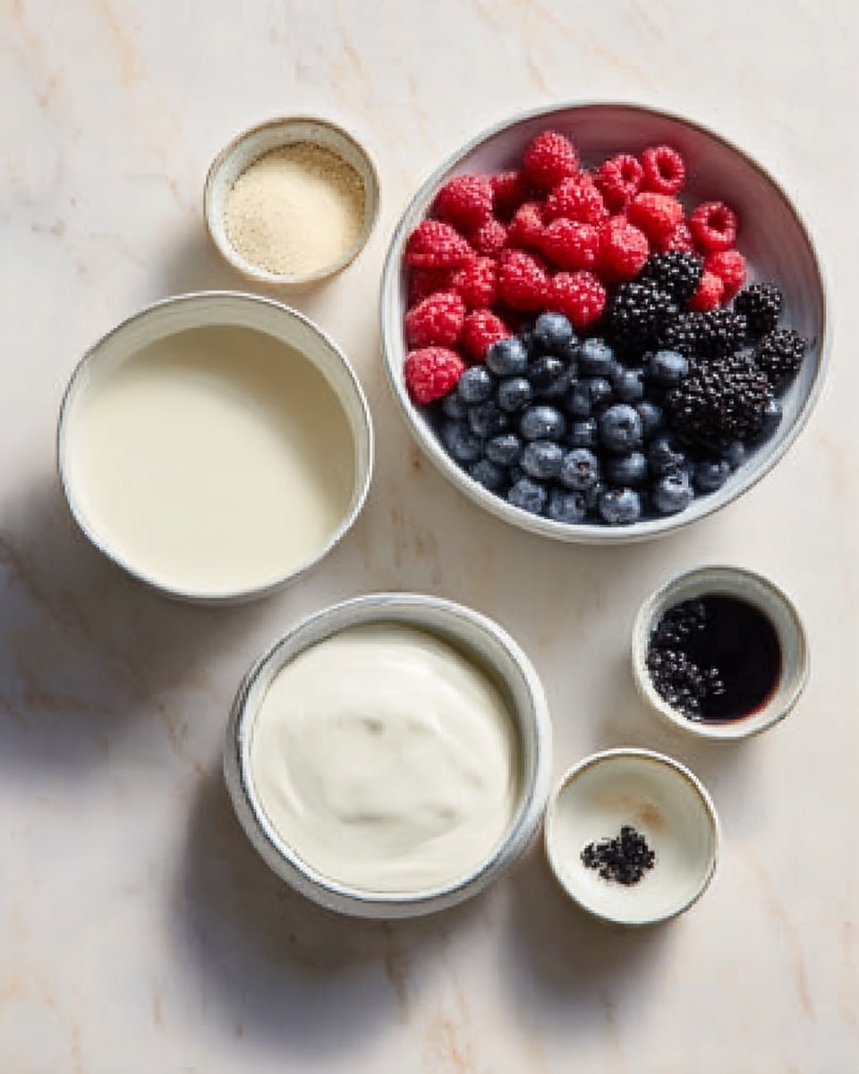 The image shows six white bowls and dishes arranged on a white marbled surface. The largest bowl contains a smooth, light cream liquid with a silky texture. A medium-sized bowl holds fresh berries: bright red raspberries, dark blue blueberries, and black blackberries, all looking fresh and juicy. Below that, a small bowl is filled with thick, white cream. To the right, there are three small white bowls, one with a light tan powder, another with a white sauce or liquid, and the smallest with a small dark spot of a thick black substance. The lighting is soft and natural. photo taken with an iphone --ar 4:5 --v 7