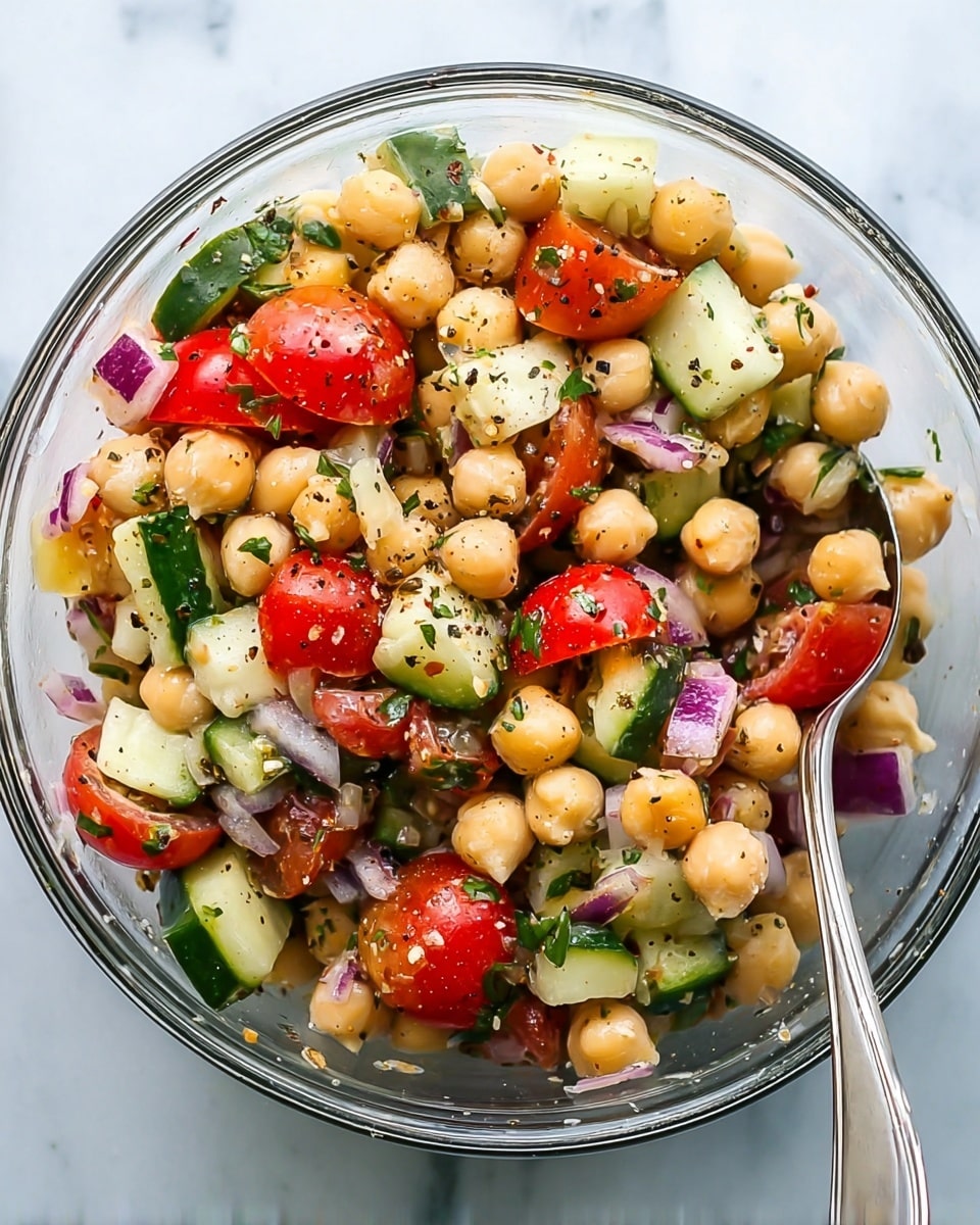 A clear glass bowl filled with a colorful chickpea salad sits on a white marbled surface. The salad has several layers: round, pale beige chickpeas mix with bright red halved cherry tomatoes, small green cucumber slices, and pieces of purple onion. Fresh green herbs sprinkle throughout, adding texture and color. The salad is speckled with black pepper and small bits of white and red seasoning. A silver spoon is placed inside the bowl, ready for serving. photo taken with an iphone --ar 4:5 --v 7