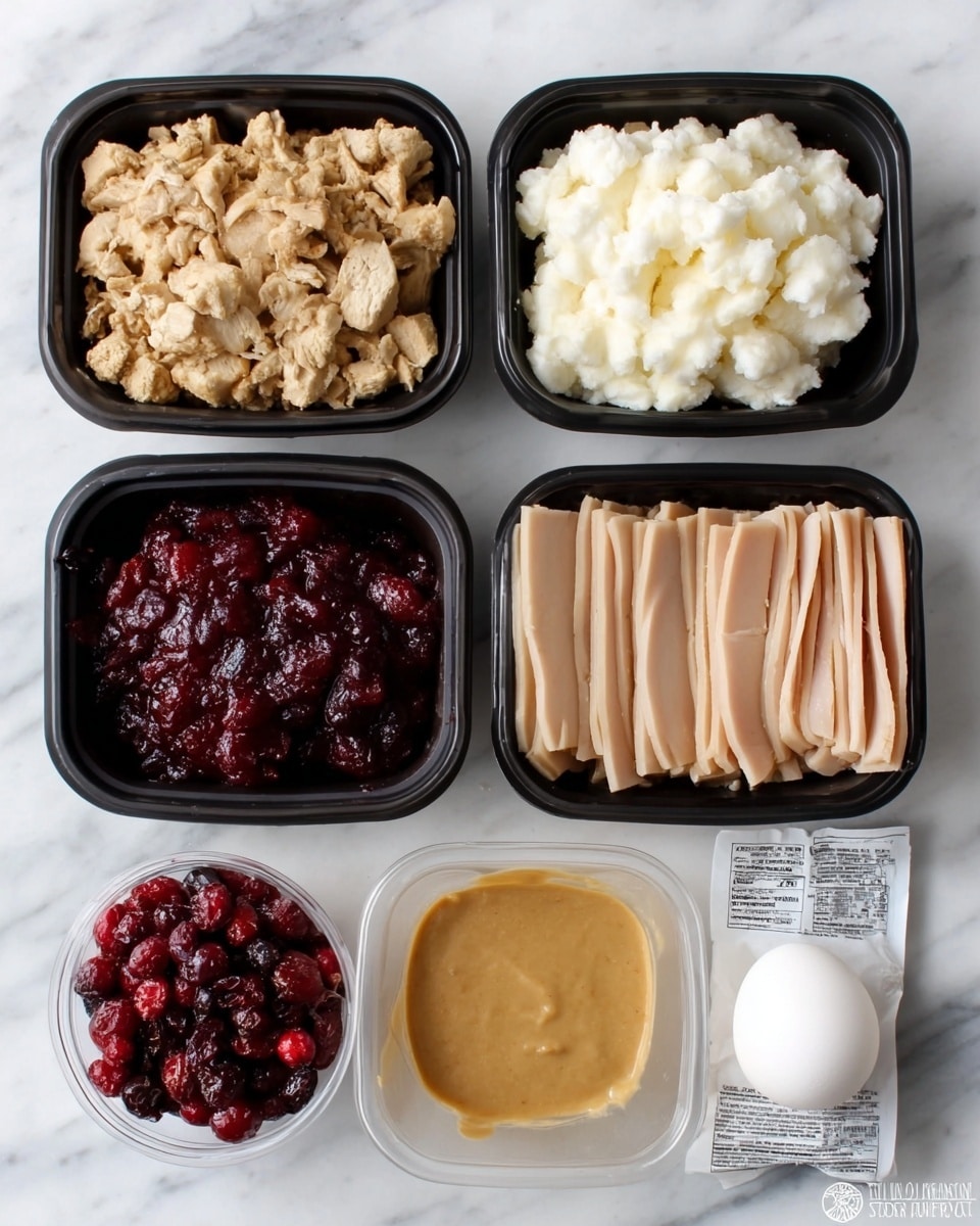 The image shows six black containers on a white marbled surface. The top row has three containers: on the left, chopped cooked chicken pieces with a light brown color; in the middle, a fluffy white mixture that looks creamy; on the right, slices of light brown deli meat neatly stacked. The bottom row has three items: on the left, dark red cranberries; in the middle, a thick beige or light brown sauce or dressing; and on the right, a small white egg and a pack of white packaged ingredients near it. Photo taken with an iphone --ar 4:5 --v 7