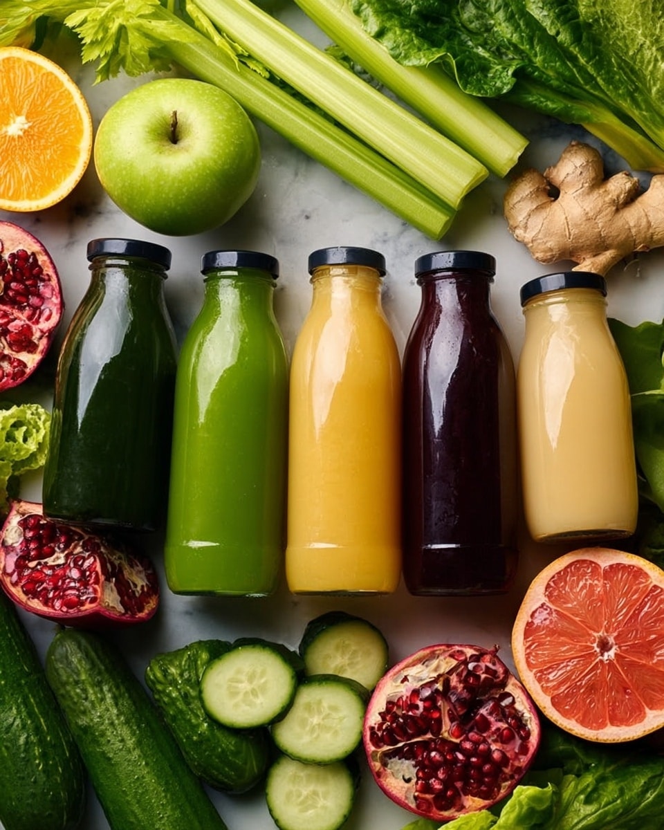 Five glass bottles filled with colorful juices are arranged in a row on a white marbled surface. From left to right, the first bottle holds dark green juice, the second a light yellow juice, the third a dark purple juice, the fourth a medium green juice, and the fifth a pale yellow juice. Around the bottles, there are fresh vegetables and fruits: green apples near the third bottle, celery sticks behind the bottles, ginger roots near the first and fifth bottles, a halved grapefruit with red inside on the right side, an avocado and cucumber on the left, pomegranate halves in front, and leafy green lettuce on the right. The overall image shows bright, natural colors with a fresh and healthy look. photo taken with an iphone --ar 4:5 --v 7