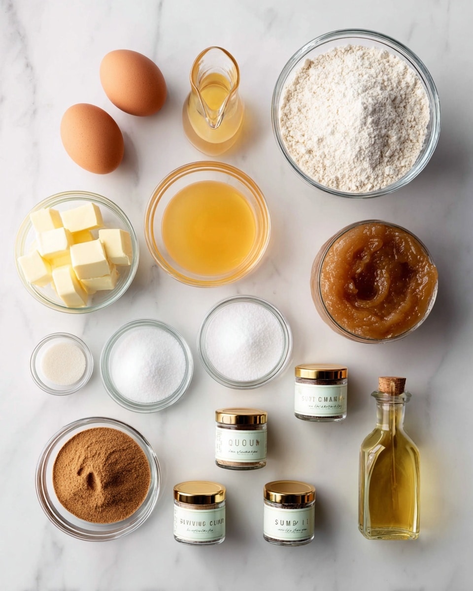 The image shows an overhead view of baking ingredients neatly arranged on a white marbled surface. There are three brown eggs placed close to the center, surrounded by a jar of white flour above them and a glass bowl of applesauce to the right. Near the applesauce, there are two small glass pitchers, one with a golden orange liquid and one with a clear pale yellow liquid. Three small glass jars with gold lids and labels for nutmeg, salt, and cinnamon are lined up horizontally at the bottom center. To the left of the jars, three small glass bowls hold white powdery ingredients. A glass bowl of light brown sugar and a smaller bowl with three pieces of butter are positioned at the top left. Finally, a small bottle of vanilla extract and a glass bowl of white granulated sugar complete the layout on the right side. photo taken with an iphone --ar 4:5 --v 7