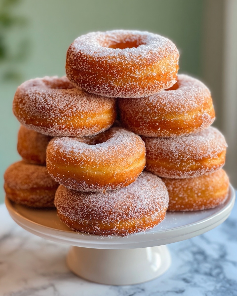 A stack of eight golden brown donuts covered evenly with fine white sugar is shown. The donuts are placed on a white cake stand with a smooth surface and a broad base. The top donut is centered, while the other seven form a ring beneath it, showing their round shape and soft texture. The sugar creates a light sparkling effect on each donut’s surface. The background is softly blurred green and light colors, and the whole scene is set on a white marbled texture. photo taken with an iphone --ar 4:5 --v 7