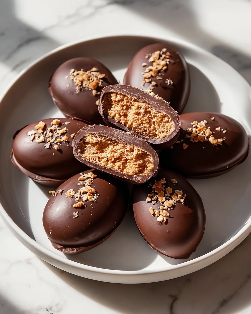 A white plate holds a pile of eight oval-shaped chocolates with a smooth, shiny dark brown shell. Each piece is topped with small crunchy bits. One piece is cut in half and placed on top of the others, showing a thick outer layer of chocolate and a light brown, crispy, and airy textured filling inside. The plate sits on a white marbled surface with soft natural light creating gentle shadows. Photo taken with an iphone --ar 4:5 --v 7
