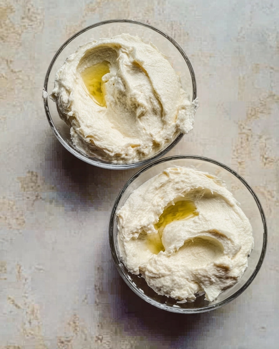 Two clear glass bowls sit side by side on a white marbled surface, each filled with a thick, creamy white mixture with a soft, slightly rough texture. Swirls and peaks rise gently inside the bowls, and a small amount of golden oil pools on top of the mixture, creating a shiny contrast against the white cream. The bowls have smooth edges and the scene shows no other items nearby. Photo taken with an iphone --ar 4:5 --v 7