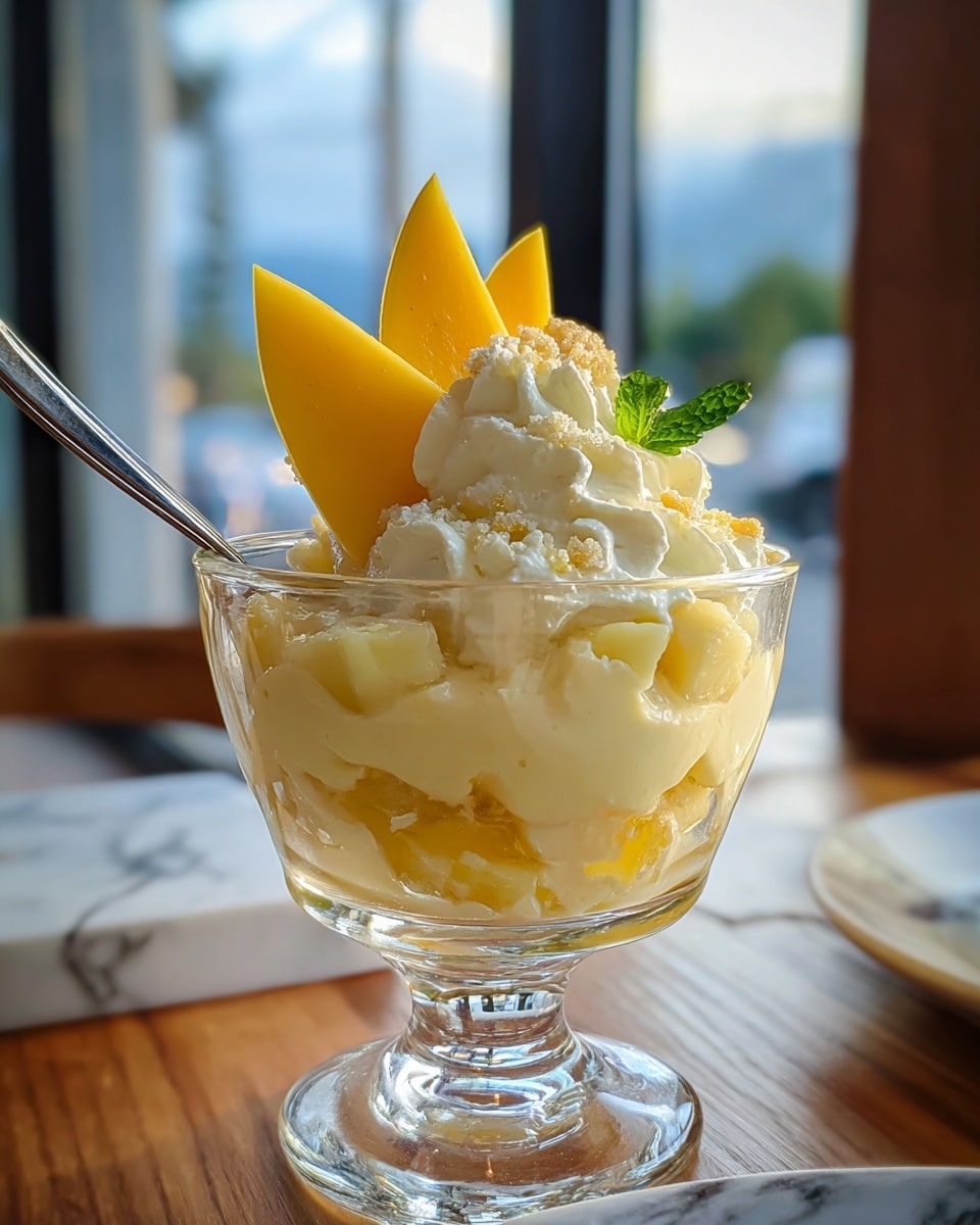 A clear glass dessert cup holds a layered mango dessert with four visible layers: the bottom layer is a smooth pale yellow mango cream, above it is a layer of small mango chunks, followed by a thicker, creamy pale yellow mango mousse layer, and topped with dollops of light cream and crumbly small yellow pieces dusted with powdered sugar. On the top, there are two large triangular slices of fresh mango and a small green mint leaf for decoration. A silver spoon is placed inside the dessert cup to the left side. The cup is set on a wooden table with a softly blurred window and daylight outside, showing a white marbled surface below. Photo taken with an iphone --ar 4:5 --v 7