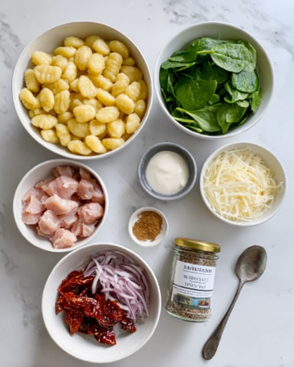 The image shows six white bowls and a spoon placed on a white marbled surface. One large bowl is filled with light yellow gnocchi, showing smooth and slightly shiny pieces. Another bowl holds small raw light pink chicken chunks. A third bowl contains fresh green spinach leaves with a smooth, fresh texture. A fourth bowl has a white liquid, likely cream, smooth and glossy. A fifth bowl holds sun-dried tomatoes that are deep red and wrinkled, mixed with finely chopped red onions and shredded white cheese, all layered in one bowl. A jar of seasoning labeled “Italian Spices” lies near the center, and a silver spoon with a brown powder rests next to the spinach bowl. Photo taken with an iphone --ar 4:5 --v 7