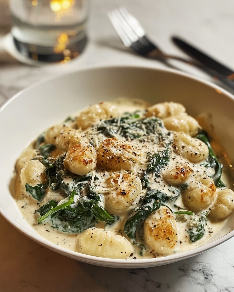 A white bowl holds a dish with three main layers: the bottom layer is a creamy sauce with a smooth texture and light off-white color; the middle layer consists of dark green cooked spinach leaves spread evenly; the top layer includes small, round, lightly browned gnocchi pieces coated in the creamy sauce, sprinkled with finely grated cheese and cracked black pepper. The bowl is placed on a white marbled surface with a glass and silverware blurred in the background. photo taken with an iphone --ar 4:5 --v 7
