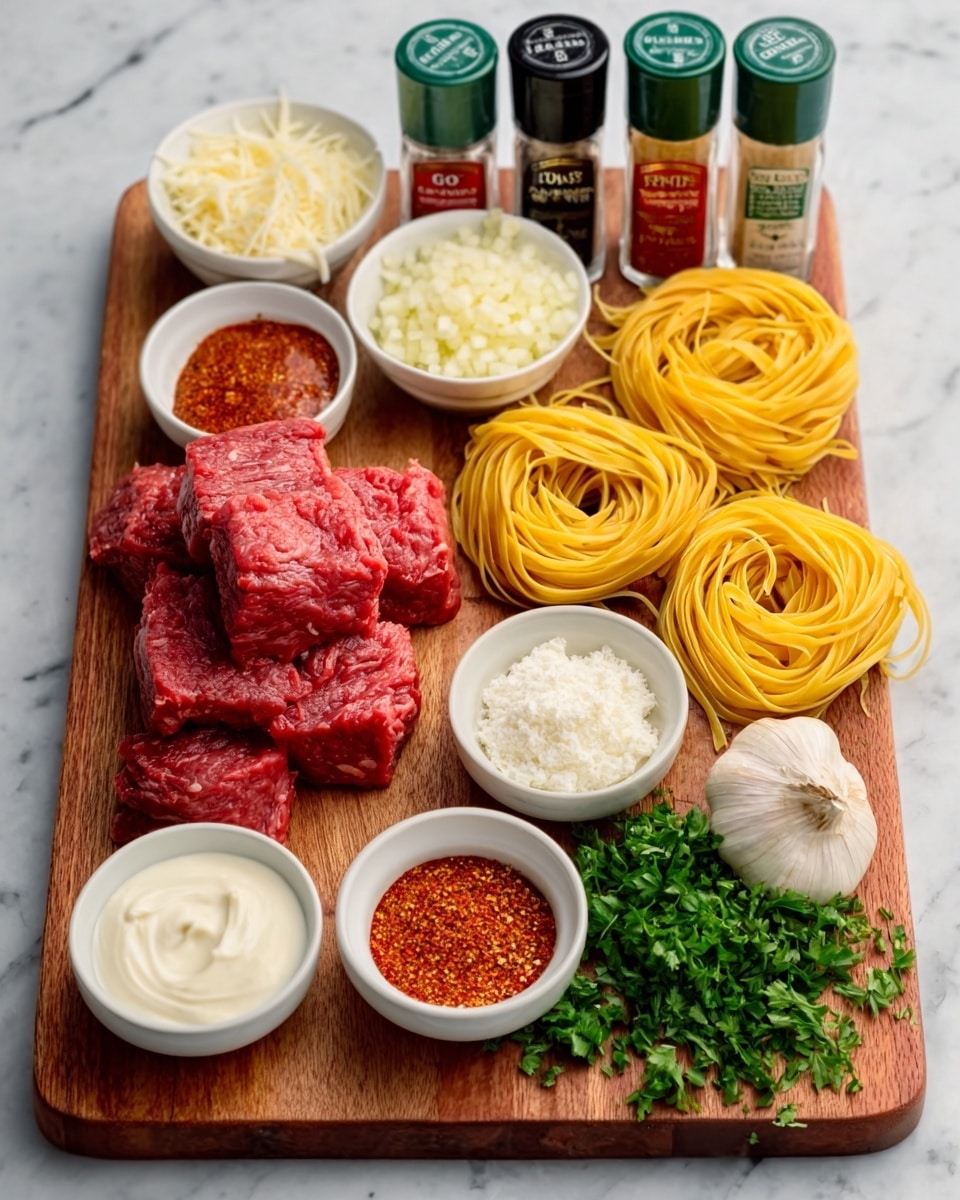 The image shows a wooden board with several cooking ingredients arranged neatly on it. In the center, there are three pieces of raw red meat stacked slightly on top of each other, surrounded by two cloves of garlic below. To the right, three nests of yellow pasta are placed side by side with fresh green parsley next to them. Around the meat, there are eight small white bowls filled with different ingredients: finely chopped white onion, shredded cheese, red spice powder, white cream, butter, and minced garlic. Behind this setup, there are three spice containers in a row, contributing bright colors with green, black, and red labels. The whole scene is set on a white marbled surface. Photo taken with an iphone --ar 4:5 --v 7