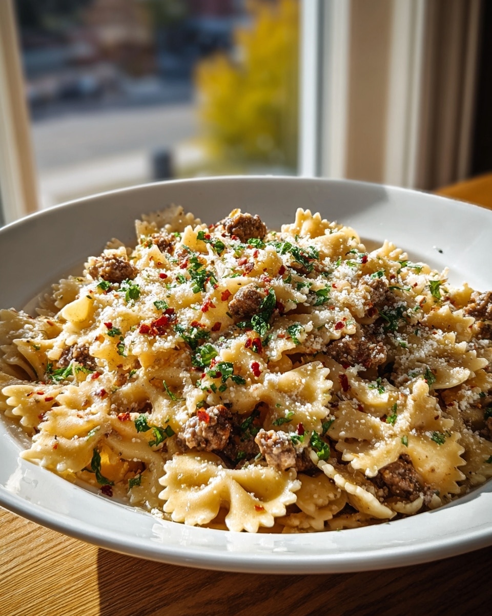 A large white plate holds a dish of cooked farfalle pasta mixed with small chunks of brown meat. The pasta is light golden with a soft texture, coated in a creamy sauce. The top is sprinkled with finely chopped green herbs, white grated cheese, and small red chili flakes, creating a colorful contrast. The plate is set on a wooden surface near a window with bright natural light coming in, and the background shows a soft-focus outdoor scene. The overall look is warm and inviting. photo taken with an iphone --ar 4:5 --v 7