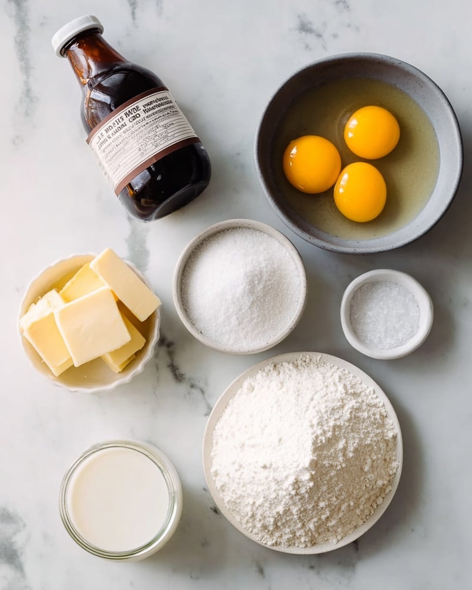 The image shows a white marbled surface with seven cooking ingredients arranged neatly. In the top right corner, there is a gray bowl with three bright yellow egg yolks and clear egg whites. To its left, a small white bowl holds white powdered sugar with a fine texture. Below them, a white plate is filled with granulated sugar piled in the center. Below the plate, a small white bowl contains three square pieces of pale yellow butter. To the left, a dark brown bottle with a white and brown label is placed on the surface. On the far right, a tiny white bowl contains coarse white salt. In the bottom right corner, part of a transparent glass jar filled with white milk is visible. The arrangement is clear and organized. photo taken with an iphone --ar 4:5 --v 7