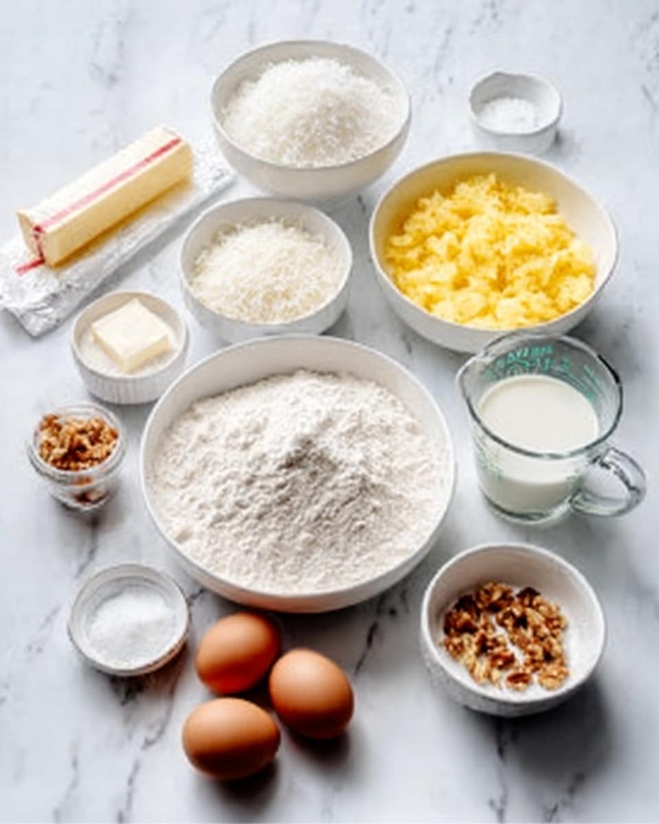The image shows various baking ingredients placed on a white marbled surface. At the front center, there is a large white bowl filled with flour, next to two brown eggs. To the left of the flour bowl, there is a small white bowl with granulated sugar and a stick of butter wrapped in paper. Behind these, there is a white bowl with grated coconut and a glass measuring cup filled with milk. To the right at the back, a white bowl contains mashed yellow substance, possibly mashed pineapple. There is also a small bowl with chopped nuts near the milk. The setup looks organized for preparing a baking recipe. Photo taken with an iphone --ar 4:5 --v 7