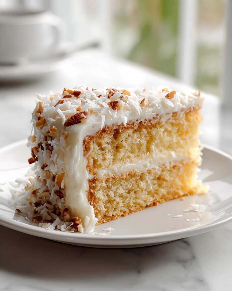 A single slice of two-layer light golden cake with a soft, moist texture is shown on a white plate. Between the layers is a thick white creamy frosting, which also covers the outside of the cake. The top and sides are sprinkled with white shredded coconut and pieces of chopped brown nuts. The plate is set on a white marbled surface with soft natural light coming from a window in the background. Photo taken with an iphone --ar 4:5 --v 7