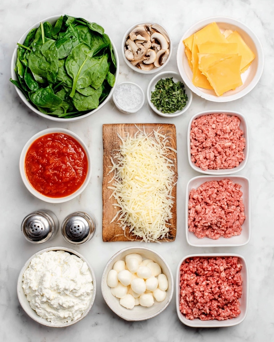 The image shows ingredients neatly arranged on a white marbled surface. There is a white bowl filled with green spinach leaves at the top left and a white bowl with yellow cheese slices to the top right. Below the spinach, there are three small bowls holding different items: a mix of herbs, sliced mushrooms, and a mixture of shredded white cheese on a wooden board. Next to this, on the right, are two containers with red ground meat and pink ground meat. At the bottom center, there is a white bowl full of white ricotta cheese, next to a smaller white bowl with mozzarella balls. Finally, a white bowl with red tomato sauce is at the bottom left, along with two salt and pepper shakers nearby. photo taken with an iphone --ar 4:5 --v 7