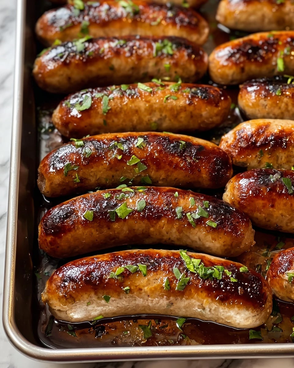 The image shows a close-up of a baking tray filled with many browned sausages. Each sausage is golden-brown with darker grilled marks, giving a shiny, juicy look. Small green herb leaves are sprinkled on top, adding a touch of color contrast. The sausages are arranged closely, filling the entire metal tray, on a white marbled surface. Photo taken with an iphone --ar 4:5 --v 7