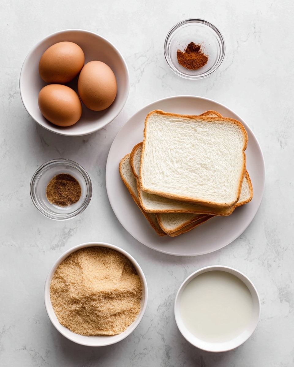 The image shows five food ingredients laid out on a white marbled surface: at the center is a white plate with three stacked slices of white bread with soft texture and light brown edges; above and to the left is a white bowl holding four brown eggs with smooth shells; above and to the right is a small glass bowl with two different spices, one dark brown and the other light brown, side by side; below and to the left is a white bowl filled with light brown sugar that has a crumbly texture; and below and to the right is a white bowl containing white milk. photo taken with an iphone --ar 4:5 --v 7