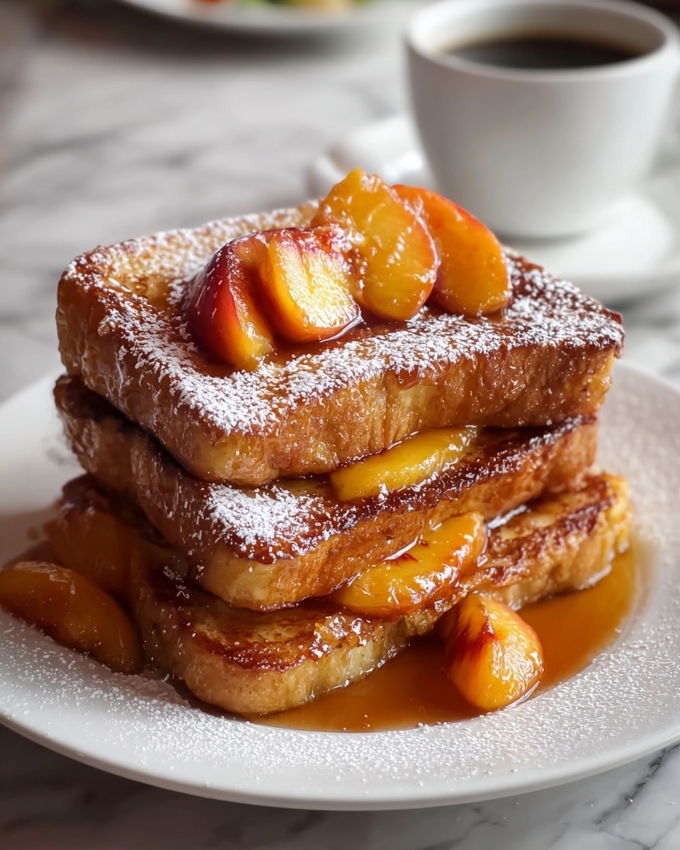 A stack of three thick French toast slices with a golden brown crispy texture is placed on a white plate. Between the slices and on top, there are several glossy cooked peach slices covered with syrup that runs down the stack, pooling slightly on the plate. The toast is sprinkled generously with white powdered sugar, adding a soft contrast to the rich warm colors of the syrup and peaches. The background shows a white cup with coffee on a matching white saucer set on a white marbled surface. photo taken with an iphone --ar 4:5 --v 7