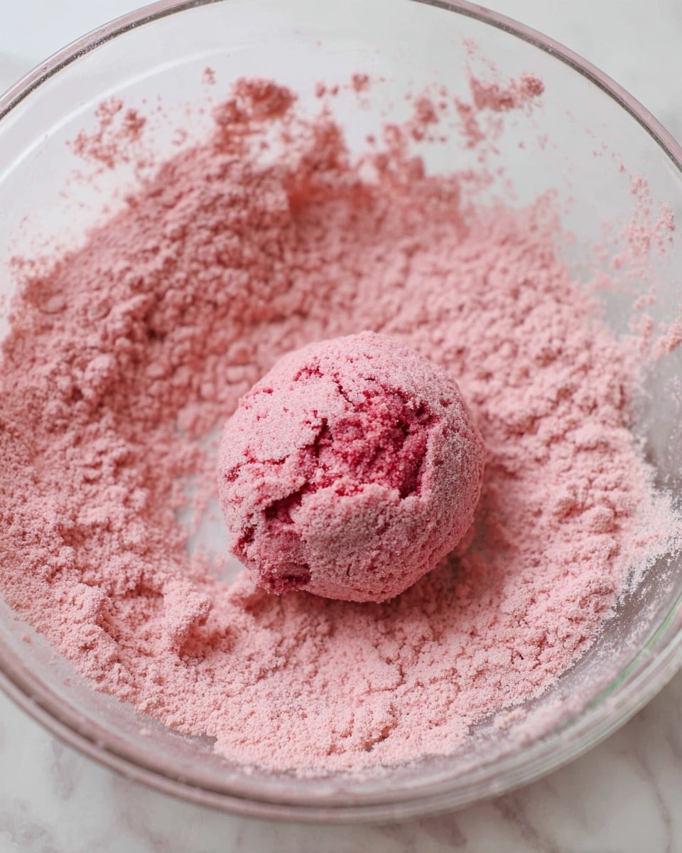 In a clear glass bowl on a white marbled surface, there is a single pink ball coated with a fine, crumbly pink powder. The powder is loose and covers the bottom and sides of the bowl, with some areas showing texture from being moved around. The ball is slightly rough with uneven surfaces and bits of deeper red showing through the pink coating, giving it a textured and layered look. photo taken with an iphone --ar 4:5 --v 7