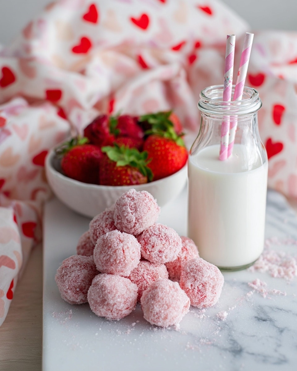 A small clear glass bottle filled with white milk sits on a white marbled surface on the right side of the image, with two pink-striped straws sticking out. To the left of the bottle, there is a pile of round, pink powdered sugar-coated balls with a powdery texture, stacked in a loose pile. Behind the pile, there is a white bowl holding fresh red strawberries with green leaves. In the background, a white cloth with red and pale pink heart patterns is softly draped. The overall scene is bright and cozy, focusing on the pink and white color themes. photo taken with an iphone --ar 4:5 --v 7