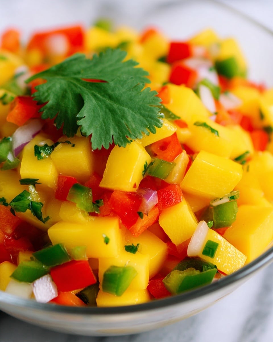 A close-up view of a fresh salsa made of small, square-shaped pieces layered in a white bowl. The bottom and middle layers show bright yellow mango cubes with a smooth, juicy texture. Mixed evenly throughout are smaller pieces of red bell pepper, green jalapeño, and finely chopped white onion. On top, a single, fresh green cilantro leaf adds a pop of rich green color and texture. The white bowl sits on a white marbled surface, enhancing the vibrant colors of the salsa. Photo taken with an iphone --ar 4:5 --v 7