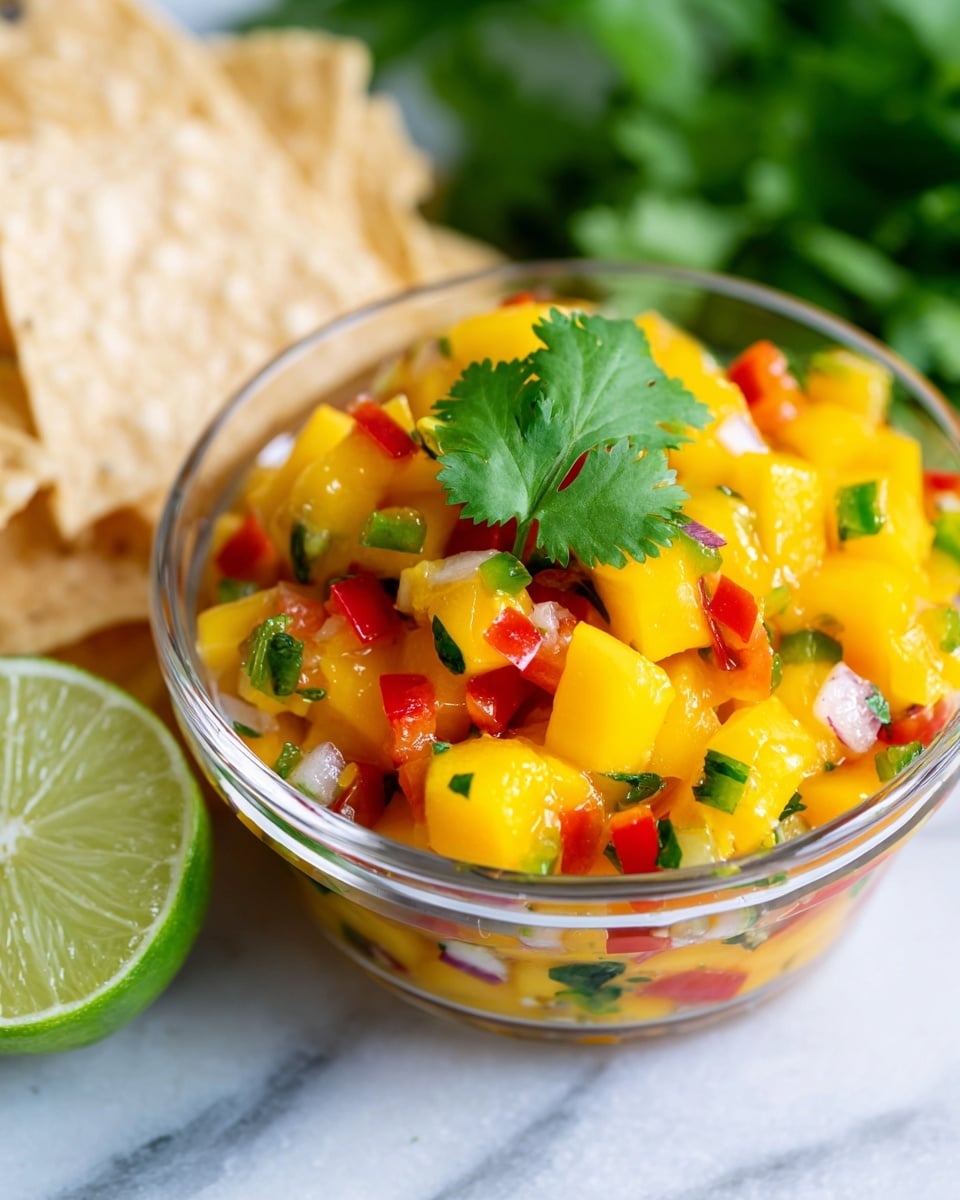 This image shows a clear glass bowl filled with colorful mango salsa made of small cubes of bright yellow mango, red bell pepper, and green jalapeño pieces, all mixed with bits of finely chopped herbs and onion. On top of the salsa sits a fresh green cilantro leaf. To the left, there is a half lime showing its light green inside and some round tortilla chips, all placed on a white marbled surface with blurred green leaves in the background. The focus is sharp on the bowl, making the colors pop vividly. Photo taken with an iphone --ar 4:5 --v 7
