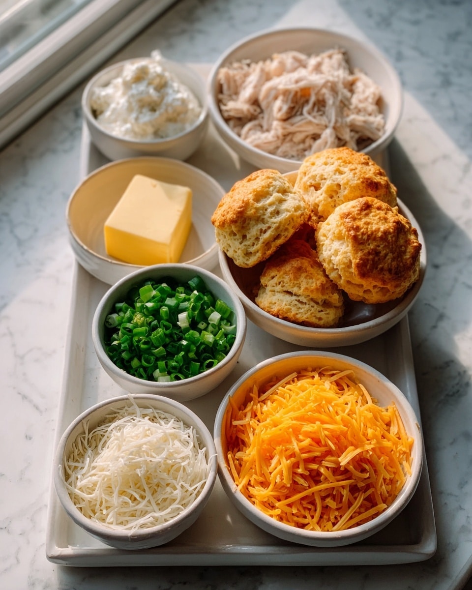 The image shows a white tray on a white marbled surface with eight small white bowls arranged in a neat grid. The top right bowl holds several golden brown biscuits piled high with a rough, crumbly texture. Next to it is a bowl filled with chopped green onions, adding a fresh, bright green layer. Below that, there is a bowl of finely shredded cheddar cheese, bright orange and soft looking. Another bowl nearby contains similar but lighter colored shredded cheese or noodles. To the left, a bowl holds a soft yellow square of butter. Next to it is a bowl filled with shredded white cheese or noodles. The central bowl contains a smooth, white cottage cheese or cream cheese. At the top left is a bowl filled with cooked shredded chicken or turkey, off-white in color. The scene is well-lit by natural light coming from the upper left, and a woman’s hand is partly visible near the bottom right edge. photo taken with an iphone --ar 4:5 --v 7