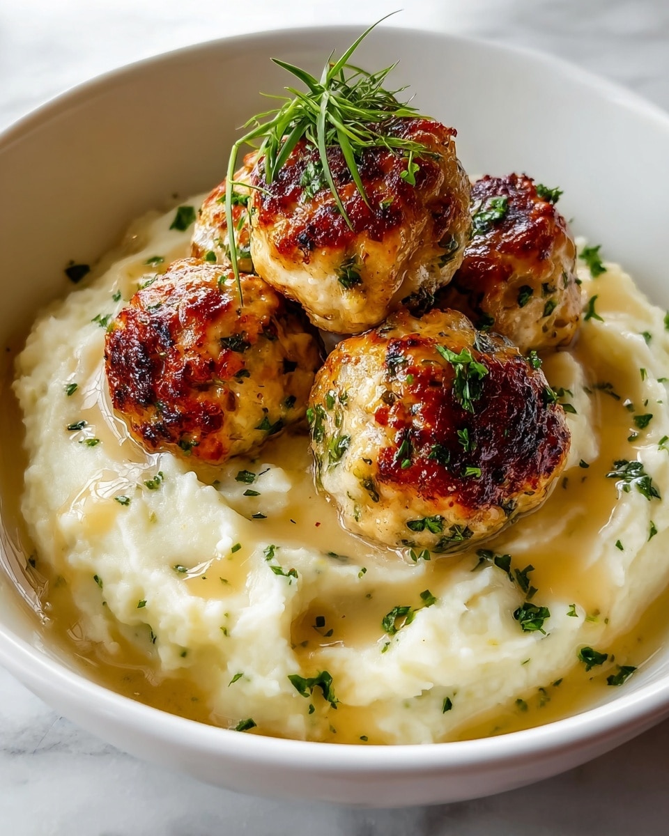 A white bowl holds a base layer of creamy mashed potatoes that are smooth and pale with small green herb bits sprinkled on top. Sitting on the mashed potatoes are four golden-brown meatballs with a slightly crispy and browned exterior, speckled with green herbs. A light-colored sauce is drizzled over the meatballs and mashed potatoes, adding a glossy texture and gathering in some places. Fresh green herb sprigs are placed on the top meatball for garnish. The bowl is set against a background with a white marbled texture. Photo taken with an iphone --ar 4:5 --v 7
