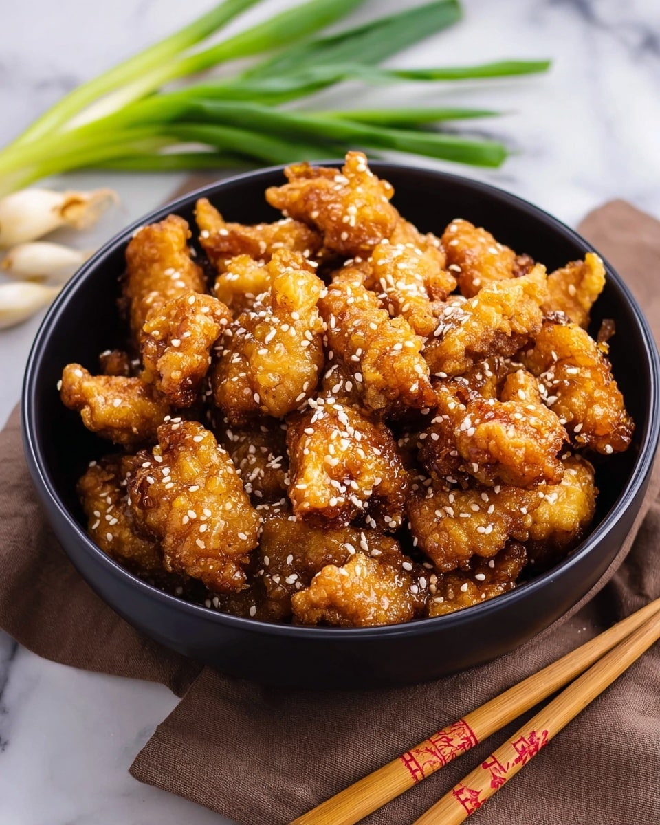 A black bowl sits on a brown cloth over a white marbled surface, filled with many pieces of golden brown fried chicken coated in a shiny glaze, sprinkled with white sesame seeds. Around the bowl are fresh green onions with white bulbs and a pair of wooden chopsticks with red markings resting nearby. The chicken pieces have a textured, crispy look and are piled high inside the bowl. Photo taken with an iphone --ar 4:5 --v 7
