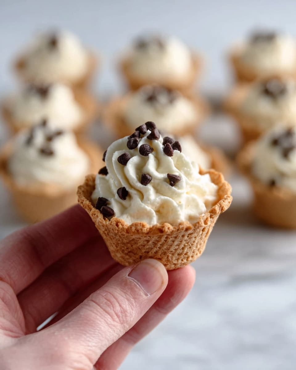 The image shows a close-up of a small dessert cup being held by a woman's hand with a light skin tone. The cup is a light brown waffle cone shape filled with a creamy white topping that has soft, smooth swirls on top. Small dark chocolate chips are sprinkled over the cream. In the background, there is a white marbled surface with more identical dessert cups arranged neatly, slightly blurred to keep the focus on the single cup in the foreground. photo taken with an iphone --ar 4:5 --v 7