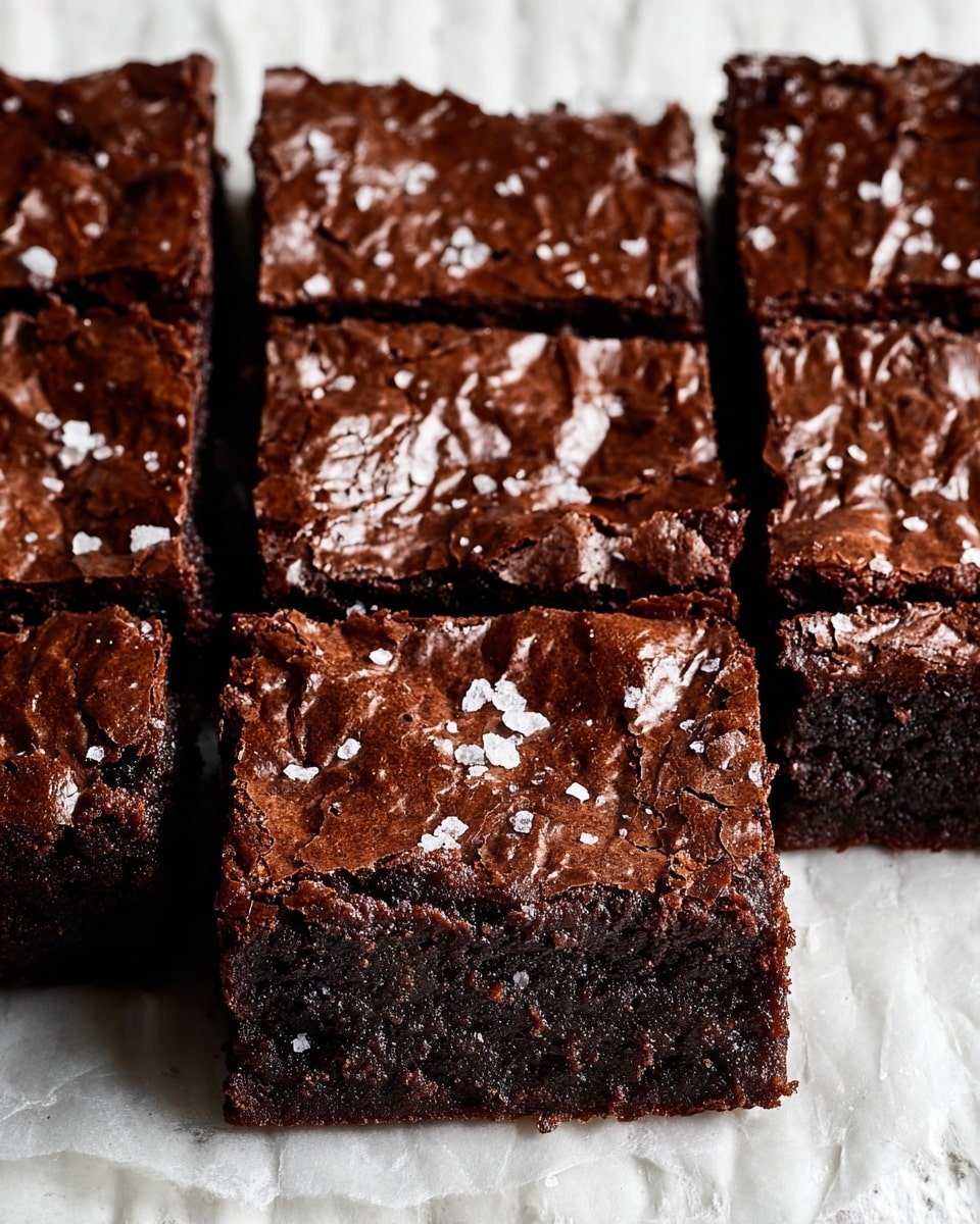A close-up view of a square chocolate brownie bar, cut into nine even squares. The top layer is a shiny, dark brown crust with a slightly wrinkled texture, sprinkled with irregular flakes of coarse salt that add contrast and a bit of sparkle. The brownie sits on white parchment paper, set against a white marbled surface. The sides reveal a dense, rich, and moist interior that looks soft and fudgy beneath the crispy crust. Photo taken with an iphone --ar 4:5 --v 7