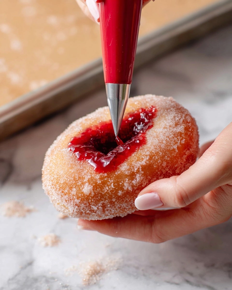 A close-up image shows a woman's hand holding a sugar-coated doughnut from the bottom, while another woman's hand uses a red piping bag with a metal tip to fill the doughnut hole with bright red jam. The doughnut is light brown with a rough sugar texture on the outside, and the jam is glossy and thick. In the background, there is a baking tray with some sugar scattered on it, placed on a white marbled surface. Photo taken with an iphone --ar 4:5 --v 7