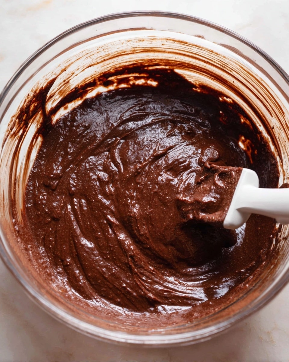 A close-up view of a clear glass bowl filled with smooth, thick dark brown chocolate batter. The inside sides of the bowl have streaks of the batter clinging to them. A white metal paddle from a mixer is partially submerged in the batter on the right side, covered lightly with the chocolate mixture. The bowl sits on a white marbled surface, creating a clean and bright background. The chocolate batter has a shiny texture and looks rich and creamy photo taken with an iphone --ar 4:5 --v 7