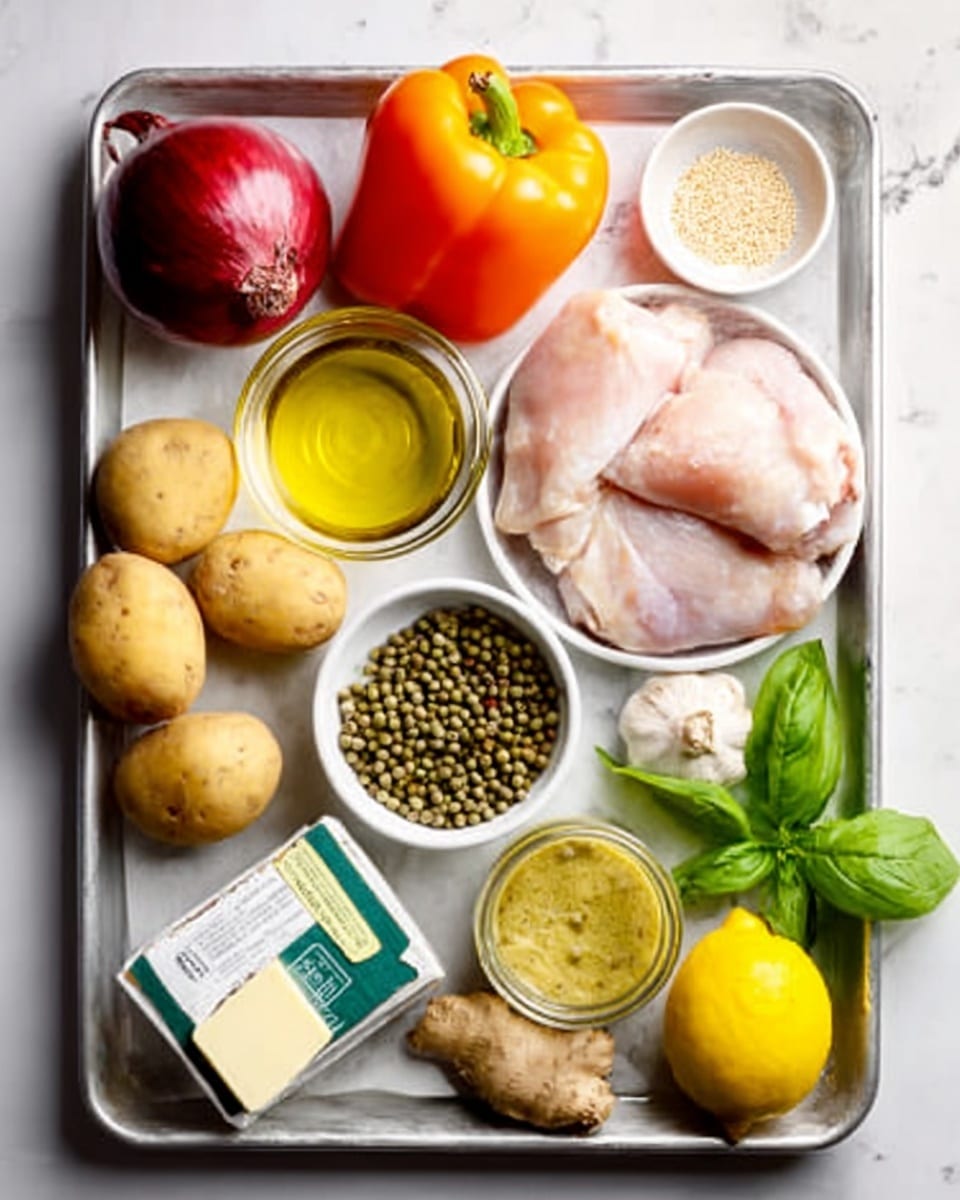 The image shows a metal tray on a white marbled surface holding various fresh ingredients neatly arranged. In the top left corner, there is a whole red onion and a bright orange bell pepper. Next to them is a clear glass bowl filled with golden olive oil, and to its right is a small white bowl with light brown sesame seeds. In the center on the right side sits a white bowl filled with raw chicken thighs, pale pink in color. Below and to the left are three light brown potatoes placed next to a small bowl filled with green peppercorns. A jar of light yellow mustard sits to the right with fresh green basil leaves partly under it. A lemon with bright yellow skin is positioned near the mustard jar. In the bottom left corner is a white cube of butter in green packaging. Near the center, small pieces of a peeled ginger root are visible. A silver garlic bulb rests near the orange bell pepper at the top. Everything is placed carefully, and the scene is bright and clear, showing fresh, raw foods ready to be cooked. Photo taken with an iphone --ar 4:5 --v 7