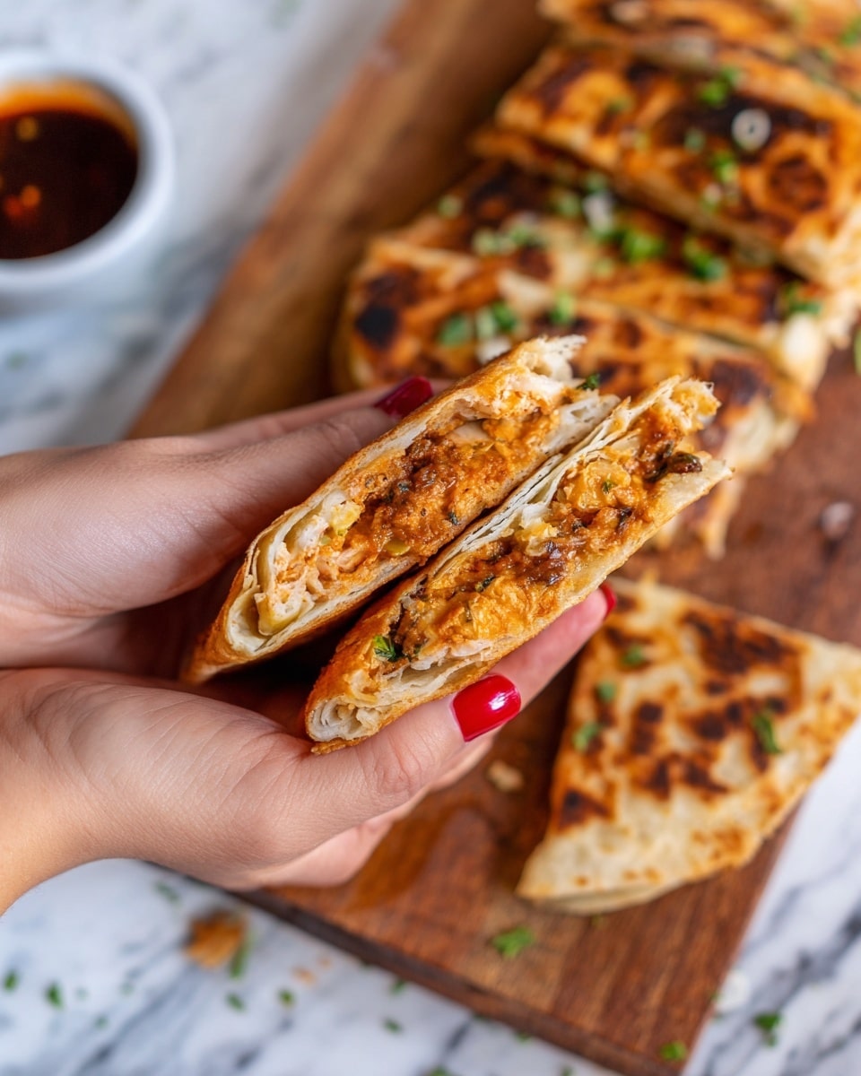 A pair of woman's hands with red nail polish holds a folded flatbread filled with three visible layers: a light golden crispy outer layer, a soft thin white inner layer, and a thick orange filling speckled with bits of green and brown inside. More similar folded flatbreads, toasted with golden-brown spots and garnished lightly with green herbs, lie stacked on a wooden board beneath. In the upper left corner, a small white bowl with dark brown sauce is partly visible. The scene is set on a white marbled surface. photo taken with an iphone --ar 4:5 --v 7