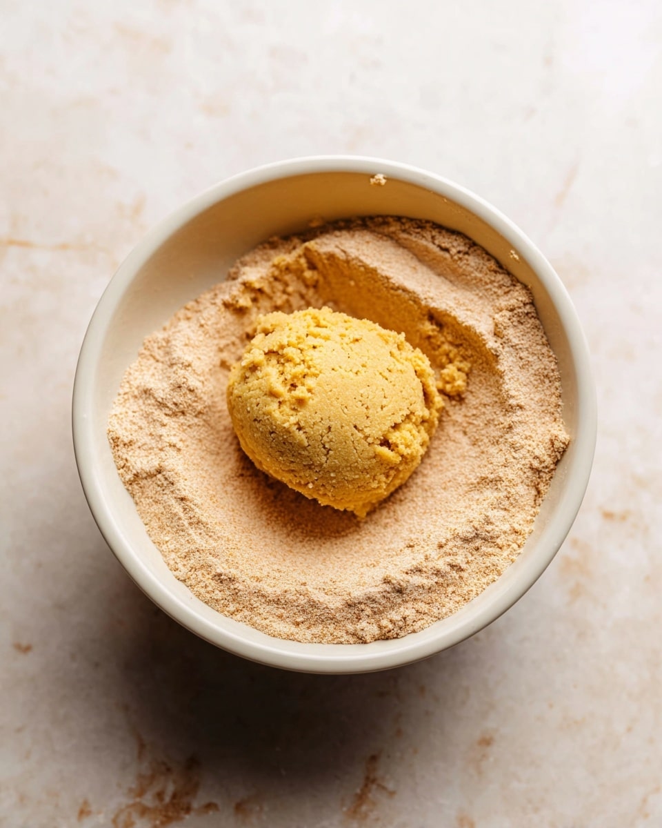 A white bowl rests on a white marbled surface, filled with a light brown fine powder covering the entire inside. On top in the center, there is a single round scoop of yellow dough with a rough and slightly crumbly texture. The scoop sits slightly above the powder, creating a clear two-layer look with the dough on top and the powder below photo taken with an iphone --ar 4:5 --v 7