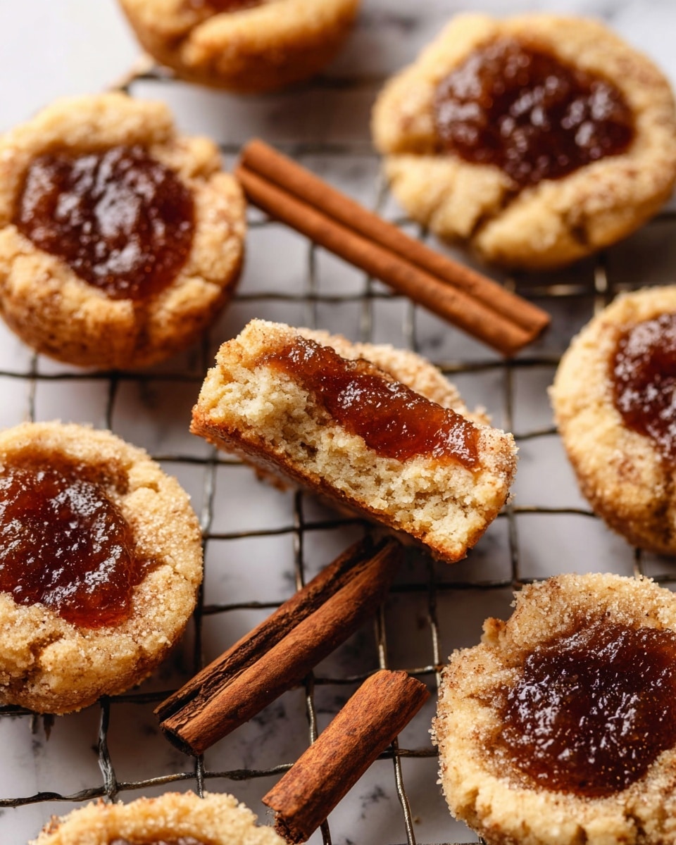 The image shows several small round cookies placed on a white marbled surface with a cooling rack underneath. Each cookie has a golden-brown crumbly dough base with a shiny, dark amber jam filling spread in the center. One cookie is broken in half in the middle of the image, revealing the soft jam layer inside. Two cinnamon sticks lie on the surface among the cookies, adding a warm brown color contrast. The overall scene looks cozy and inviting, captured in warm light. Photo taken with an iphone --ar 4:5 --v 7