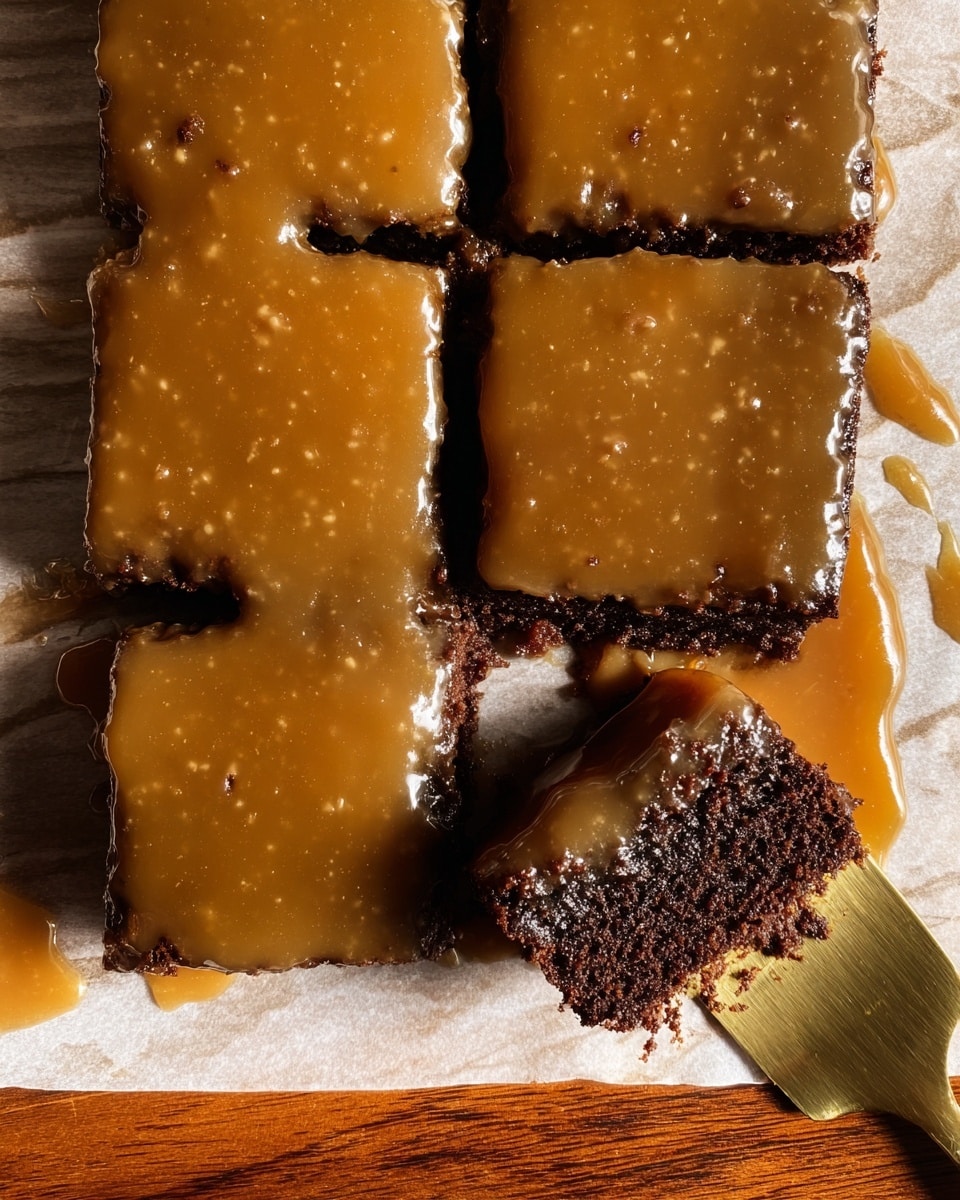 The image shows four square pieces of chocolate cake with a thick layer of caramel-colored glaze on top, placed closely together on parchment paper with some caramel glaze spilled around them. One piece is slightly lifted by a golden spatula on the bottom right, revealing moist, dark brown cake layers underneath the shiny glaze. The background features a wooden surface with the edges of the white marbled texture visible. Photo taken with an iphone --ar 4:5 --v 7