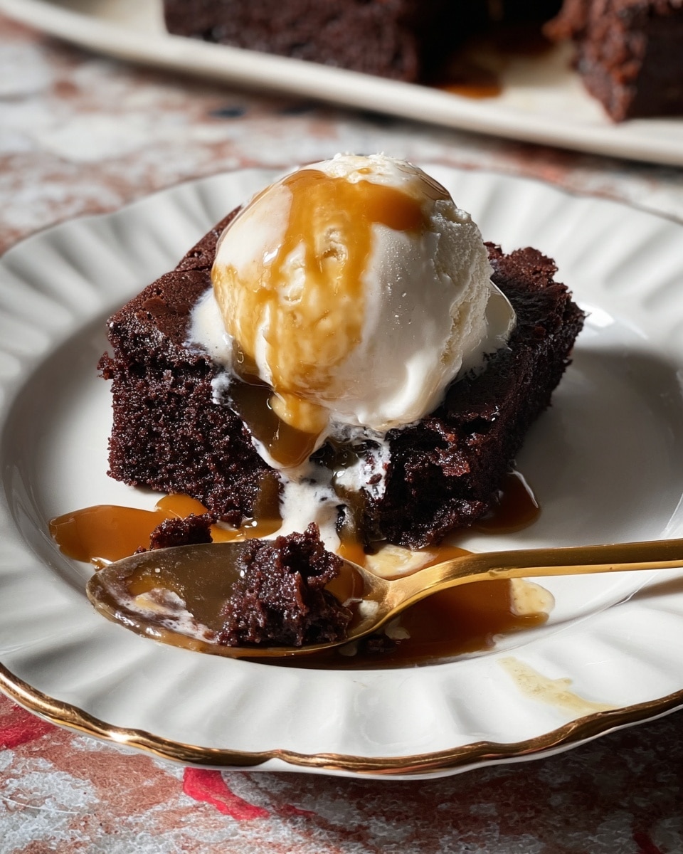 A close-up of a rich, dark brown chocolate cake square on a white scalloped plate with gold trim. The cake has one thick layer with a moist and crumbly texture. On top is a melting scoop of off-white ice cream drizzled with amber caramel sauce that is also pooling around the cake on the plate. A gold spoon lies in front of the dessert with some ice cream and caramel on it. The background shows blurred pieces of chocolate cake on a white marbled textured surface. Photo taken with an iphone --ar 4:5 --v 7