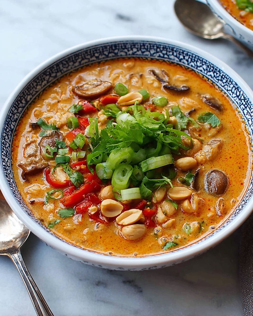 The image shows a bowl of creamy orange peanut soup with visible layers of ingredients. The bottom layer is a smooth, rich orange broth that fills most of the bowl. Floating on top are chunks of red pepper and whole peanuts adding a crunchy texture. There are also sliced mushrooms with a soft, brown tone spread throughout the bowl. On top in the center, there is a small pile of fresh green chopped herbs and sliced green onions adding fresh color contrast. The bowl is white with a blue patterned rim, set on a white marbled surface near a spoon. Photo taken with an iphone --ar 4:5 --v 7