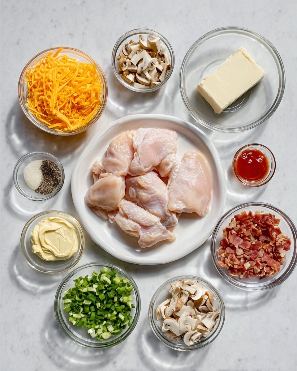 The image shows several small clear glass bowls and two white plates on a white marbled surface. The largest white plate in the center holds four raw chicken pieces, pale pink in color. To the left, a small glass bowl has bright orange shredded cheddar cheese. Below that, a bowl with creamy pale yellow mayonnaise is next to a white block of cream cheese on a plate. On the right side, a small bowl contains reddish cooked bacon bits, another has chopped light brown mushrooms, and below these, a bowl with bright green chopped scallions. Small bowls of black pepper, salt, and red hot sauce complete the arrangement. The composition is neat and the colors contrast well against the white marbled surface. Photo taken with an iphone --ar 4:5 --v 7